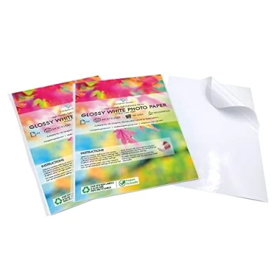 Image of Evergreen Goods 100 A4 Glossy White Photo Sticker Paper Sheets Printable Self Adhesive Inkjet &amp; Laser Printers Splashproof Durable Ideal for DIY Crafts, Labels Scrapbooking