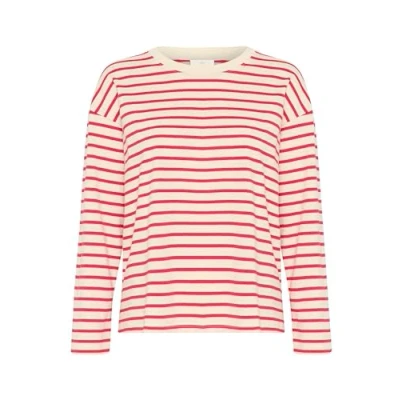 Image of Kaffe Women&#039;s T Shirt Long Sleeves Boxy Fit Crew Neck Striped Tee Cotton Jersey, Antique White/Virtual Pink, S