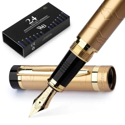 Image of Wordsworth &amp; Black Primori Fountain Pen Set [Stunning Gold]; Medium Nib, Gift Case, 24 Ink Cartridges, Refill Converter, Manual; Journaling, Calligraphy, Smooth Writing Pens; Left and Right Handed