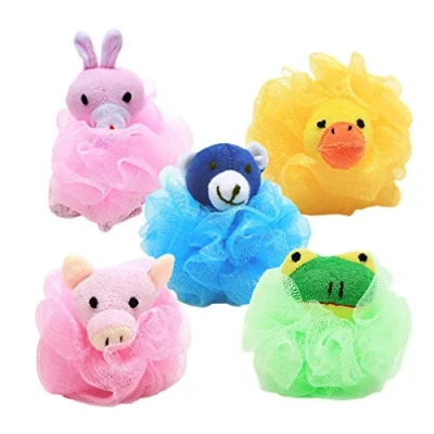 Image of NUOBESTY 4Pcs Loofah Bath Sponge Cartoon Animal Shaped Shower Ball Body Scrubber Fiber Mesh Puff for Exfoliating Soothe Skin Random Color