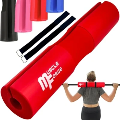 Image of MuscleForge® Neck Pad with 2 Straps, Barbell for Protecting and Hip Entry Squats Thrust in Fitness Training Red, Squat