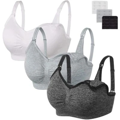 Image of HBselect 3 Pack Womens Nursing Bra Wireless Seamless Maternity Breastfeeding Bras Bralette with Removable Pads Extenders, S, Multicoloured