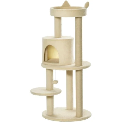 Image of PawHut 104 cm Cat Tree, Condo Tree Tower, Activity Centre with Scratching Posts, Plush Perch, Hanging Ball Cream White