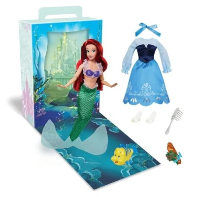 Image of Disney Store Official Ariel Story Doll, The Little Mermaid (1989), 24.5cm/9, With Flounder, 2 Outfits, Accessories, Colouring &amp; Activity Pack, Box that Folds to a Play Stage, Ages 3+