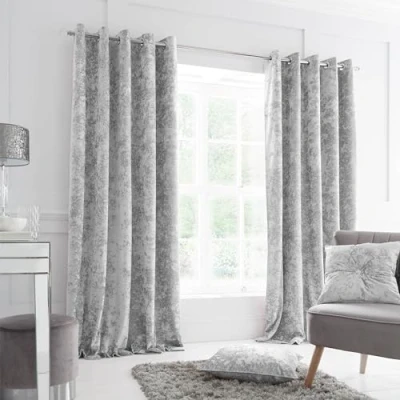 Image of Catherine Lansfield Crushed Velvet 66x90 Inch Lined Eyelet Curtains Two Panels Silver Grey