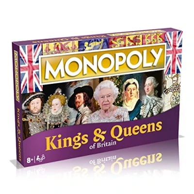 Image of Winning Moves Kings and Queens of Britain Monopoly Board Game, Advance to Alfred the Great, Henry VIII, Victoria Elizabeth II, expand your empire trade way success, for ages 8 plus
