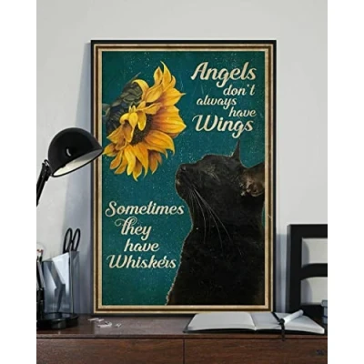 Image of Aoevc Angels Don&#039;t Always Have Wings Sometimes They Whiskers Black Cat Sunflower Library Cafe Living Room Kitchen Home Art Wall Decoration Plaque Gift metal tin sign 6x8 Inch