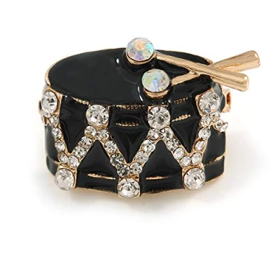 Image of Avalaya Gold Tone Black Enamel Crystal Drum Musical Instrument Brooch 25mm Across