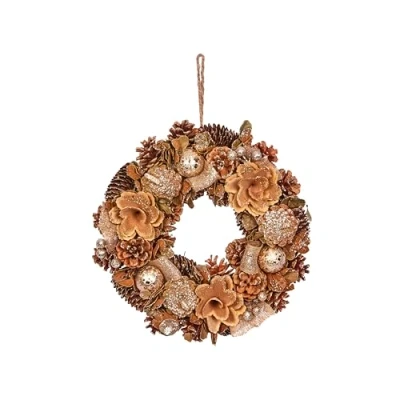 Image of Smart Garden Gold Festive Circle Christmas Wreath Floral, Bauble and Pinecones 30cm Indoor Outdoor Use Decoration, Perfect for Front Doors Home