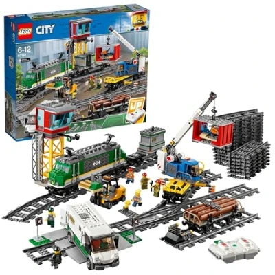 Image of LEGO City Cargo Train Toy with Motorized Remote Control Engine, incl. Rail Tracks, Signal Lights &amp; Center 6 12 Year Old Boys Girls Gifts 60198