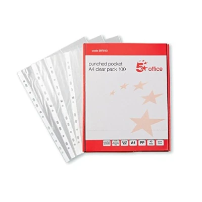 Image of 5 Star Office Punched Pocket Polypropylene Top opening 40 Micron A4 Clear [Pack 100]