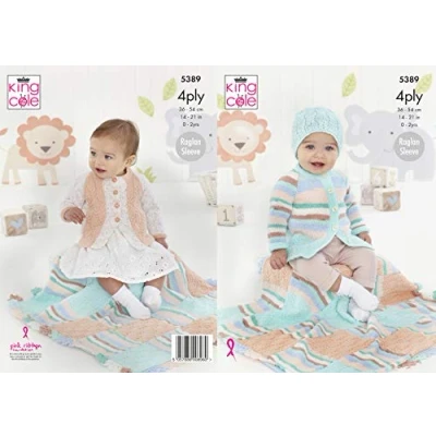 Image of King Cole 5389 Knitting Pattern Baby Coat Cardigan Hat and Blanket in Big Value 4 Ply