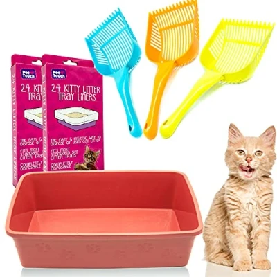 Image of Kitty Cat Essentials [Set of 3] Litter TRAY with 48 TRAYS LINERS and SCOOP Assorted Bundle for Disposal (Brick Red (48 Liners))