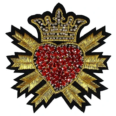 Image of EMDOMO 2pieces Beaded Crystal Red Diamond Heart Crown Patches Gold Badge Embroidery Applique Sew on Embossed Clothes Craft Sewing TH756