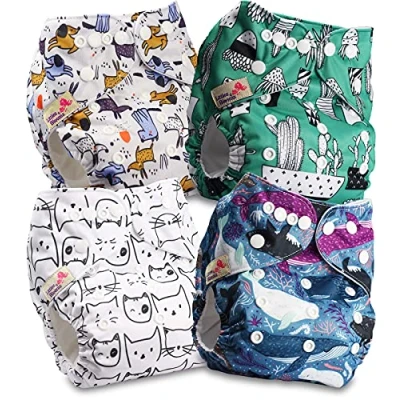 Image of Littles and Bloomz Baby Reusable Pocket Nappy Cloth Diaper, Standard Popper, 4 Nappies, FLP2 0408
