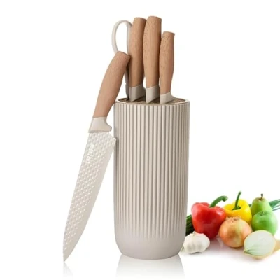 Image of Chef Knife Set with Block, 6 Piece Kitchen Knives Sharp Blades, Professional Ergonomic Handle, Non Stick Stainless Steel Block (Khaki)