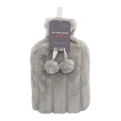 Image of Cosy Large HOT Water Bottle with Faux Fur Cover and POM POMS Random Selection
