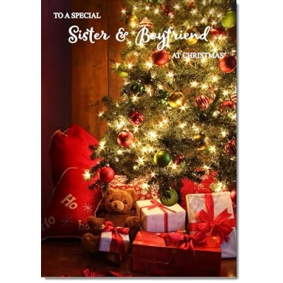 Image of doodlecards Sister and Boyfriend Christmas Card Teddy by Tree Medium Size for &amp; with Plain Envelope