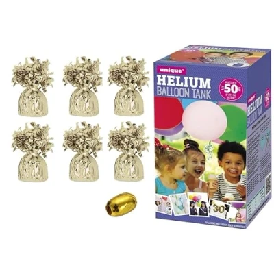Image of Large helium balloon Canister with 6 Gold weights and 10m Ribbon fills upto 50 9 inch latex balloons