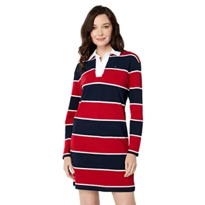Image of Tommy Hilfiger Women&#039;s Striped Long Sleeve Rugby Sportswear Dress Casual, Sky Captain Multi, L