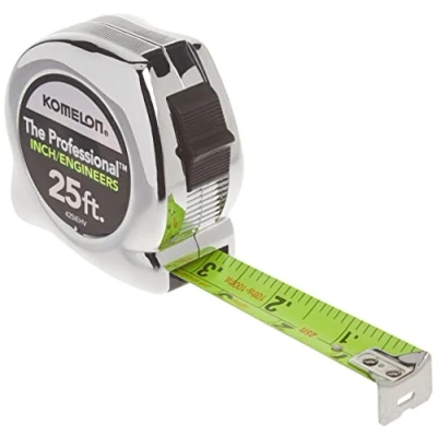 Image of Komelon 425IEHV High Visibility Professional Tape Measure Bother Inch and Engineer Scale Printed 25 Feet by 1 Inch, Chrome