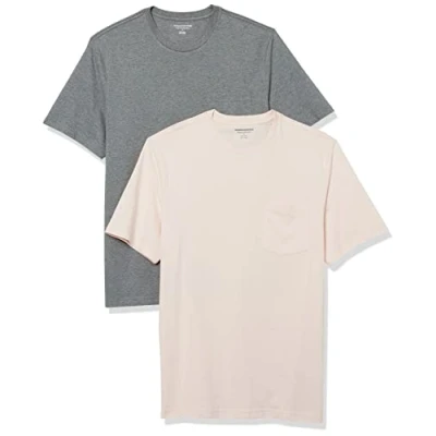 Image of Amazon Essentials Men&#039;s T Shirt Regular Fit Short Sleeve Crewneck Pocket, Pack of 2, Grey Heather/Pale Pink, XS