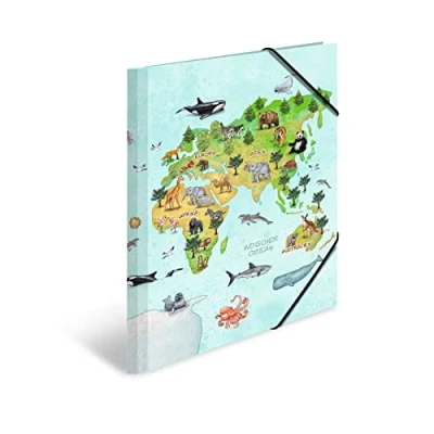 Image of HERMA Portfolio Folders A3 World Map Set, 3 Pieces, Cardboard Corner Folder with Nursery Motif, Elastic Band, Inner Flaps and Print for Boys, Girls Children