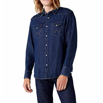 Image of Wrangler Men&#039;s Indigood Icons 27mw Denim Shirt, Blue (1 Year), 3XL