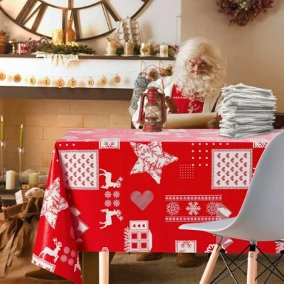 Image of KP HOME PVC Table Cloth Wipe Clean Tablecloth Red Scandi Christmas Wipeable Vinyl Reindeers Xmas Tree 300 x 140 Rectangle Plastic Cover 10 Seat 300x140 Waterproof Large