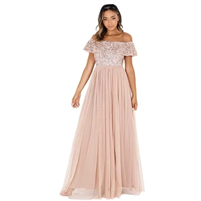 Image of Maya Deluxe Women&#039;s Ladies Bardot Dress Maxi Embellished Hight Empire Waist Sleeveless Tulle for Wedding Guest Prom Graduation Bridesmaid, Taupe Blush, 22