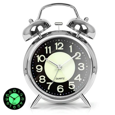 Image of Retro 4 inches Battery Operated Twin Bell Loud Alarm Clock，Silent Non Ticking Analog Quartz with Backlight for Bedroom/Heavy Sleepers