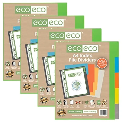 Image of eco A4 50% Recycled Multipunched Reinforced Colour Set 5 Extra Wide Subject Index File Dividers 200mic (Pack of 4) eco072x4