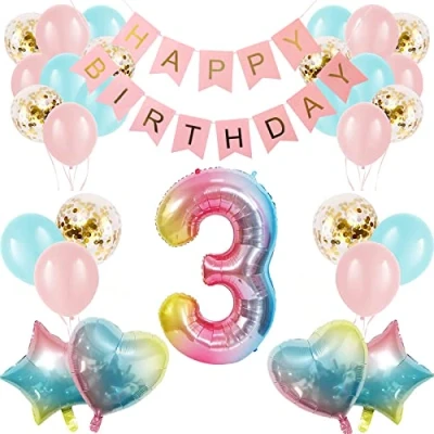 Image of Apradas Baby Girl 3rd Birthday Decorations Gradient Color Age 3 Balloons with Happy Banner for Showers Third Party Supplies Girls Boys (3rd Birthday)