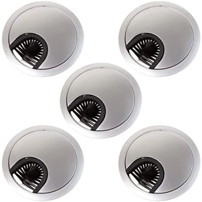 Image of 5X Satin Chrome Desk Grommets (80mm) with Brush Computer Table Surface Cable Tidy Management