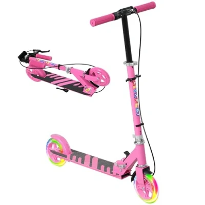 Image of AIYAPLAY Scooter for Kids Ages 3 8, Folding Kick with Adjustable Handle, 2 Light up Wheels, Handbrake &amp; Rear Brake, Gift Girls and Boys, Pink