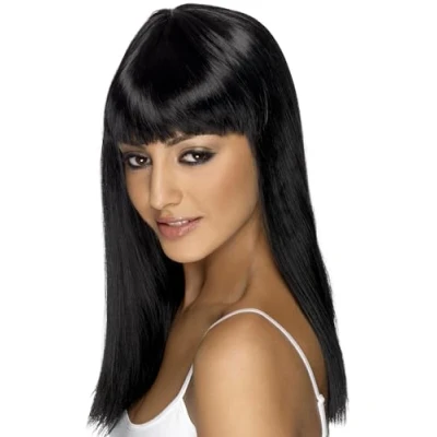 Image of Smiffys Glamourama Wig, Black Long, Straight with Fringe, Ladies Glamour Wigs Fancy Dress, Adult Dress Up