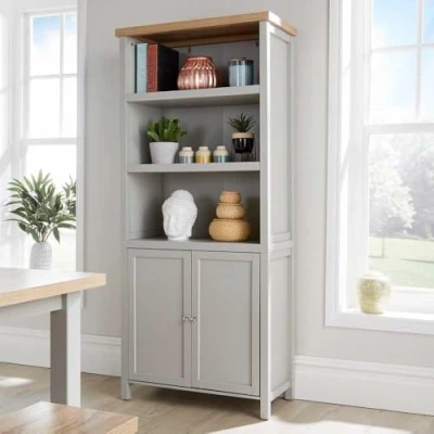 Image of Home Source Oak Tall Display Bookcase 3 Shelf 2 Door Storage Cupboard, MDF, Grey