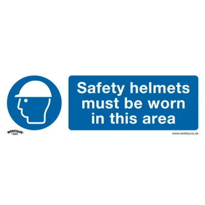 Image of Worksafe Mandatory Safety Sign Helmets Must Be Worn In This Area Self Adhesive Vinyl Pack of 10