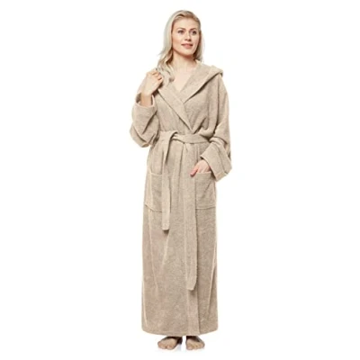Image of Arus Women&#039;s bathrobe with hood, full length, 100% cotton terry, women`s size: M long, unisex S Latte