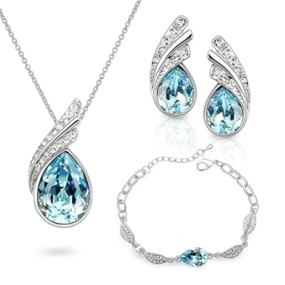 Image of Crystalline Azuria Women 18ct White Gold Plated Teardrops Blue Simulated Aquamarine Crystals Set Pendant Necklace 17.7 inches Earrings Bracelet