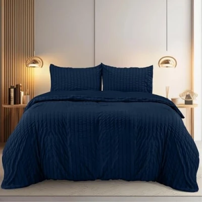 Image of Utopia Bedding Seersucker Duvet Cover King Size Set with Pillowcases Soft Microfibre Polyester (Navy)