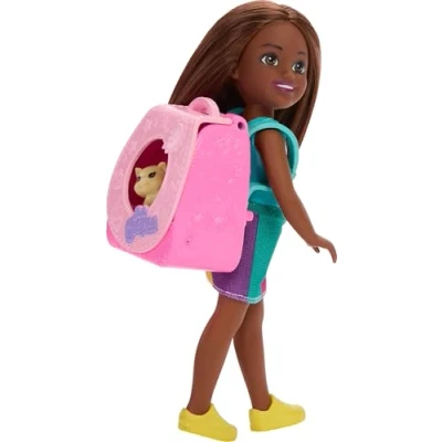 Image of BARBIE Family &amp; Friends Playtime Kitty Backpack Brunette Chelsea Doll and Accessories, Including with Kitten, Bottle, Yarn, JBF45