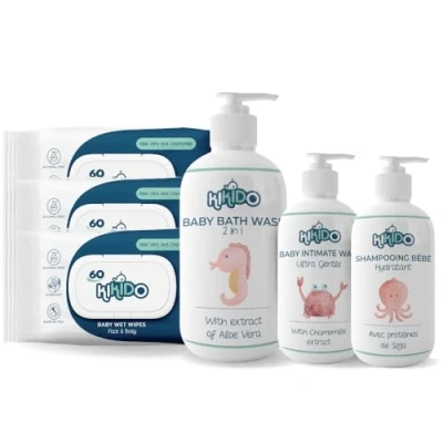 Image of Kikido Baby Bath Set 6 Pcs Newborn Bundle Wet Wipes, Wash, Delicate Shampoo and Intimate Cleanser Essentials for Sensitive Skin