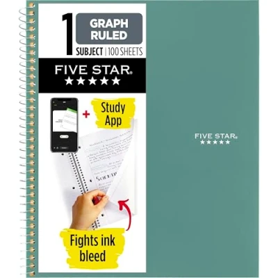Image of Five Star Spiral Notebook + Study App, 1 Subject, Graph Ruled Paper, Fights Ink Bleed, Water Resistant Cover, 8 1/2&quot; x 11&quot;, 100 Sheets, Seaglass Green (620000CH1)