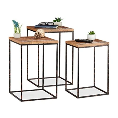 Image of Relaxdays Side Set of 3, Mango Wood &amp; Metal, Mixed Styles, Living Room Nesting Tables in Various Sizes, Brown/Black