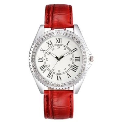 Image of JOATVEE Women&#039;s Watch Glitter Rhinestone Analogue Quartz with Vintage Roman Numerals Scale Leather Strap Wrist Watch, red, Strap.