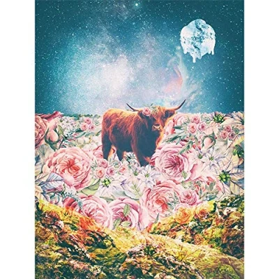 Image of Scottish Highland Hairy Coo Trippy Psychedelic Landscape Space Art Print Poster Wall Decor 12X16 Inch