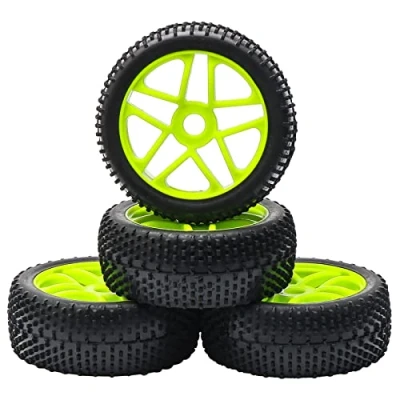 Image of Green RC 1:8 Off Road Racing Car Rubber Tyre 5 Spoke Tires &amp; Plactic Wheel Rim for HSP Buggy Pack of 4