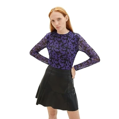 Image of TOM TAILOR Denim Women&#039;s 1038382 Mesh Long Sleeve Shirt with Pattern, 32417 lilac Black Flower Print, XL