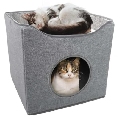 Image of GEEZY Large Cat House for Indoor, Cosy Foldable Pet Cave Furry Soft Cushions Stackable Design Bed Indoor Cats Collapsible Condo Hideaway Kitty Small Dogs Igloo Pets